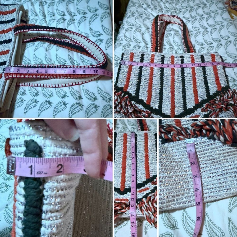 Lilla P Cotton Lurex Coral Cream Silver Metallic Stripe Crochet Beach Tote Bag L - Picture 12 of 13